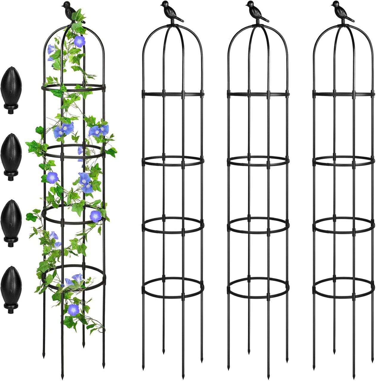 4-pack set of 6-foot black garden obelisk trellises—rustproof supports designed for climbing plants, vines, roses, and flowers, suitable for both indoor and outdoor use.